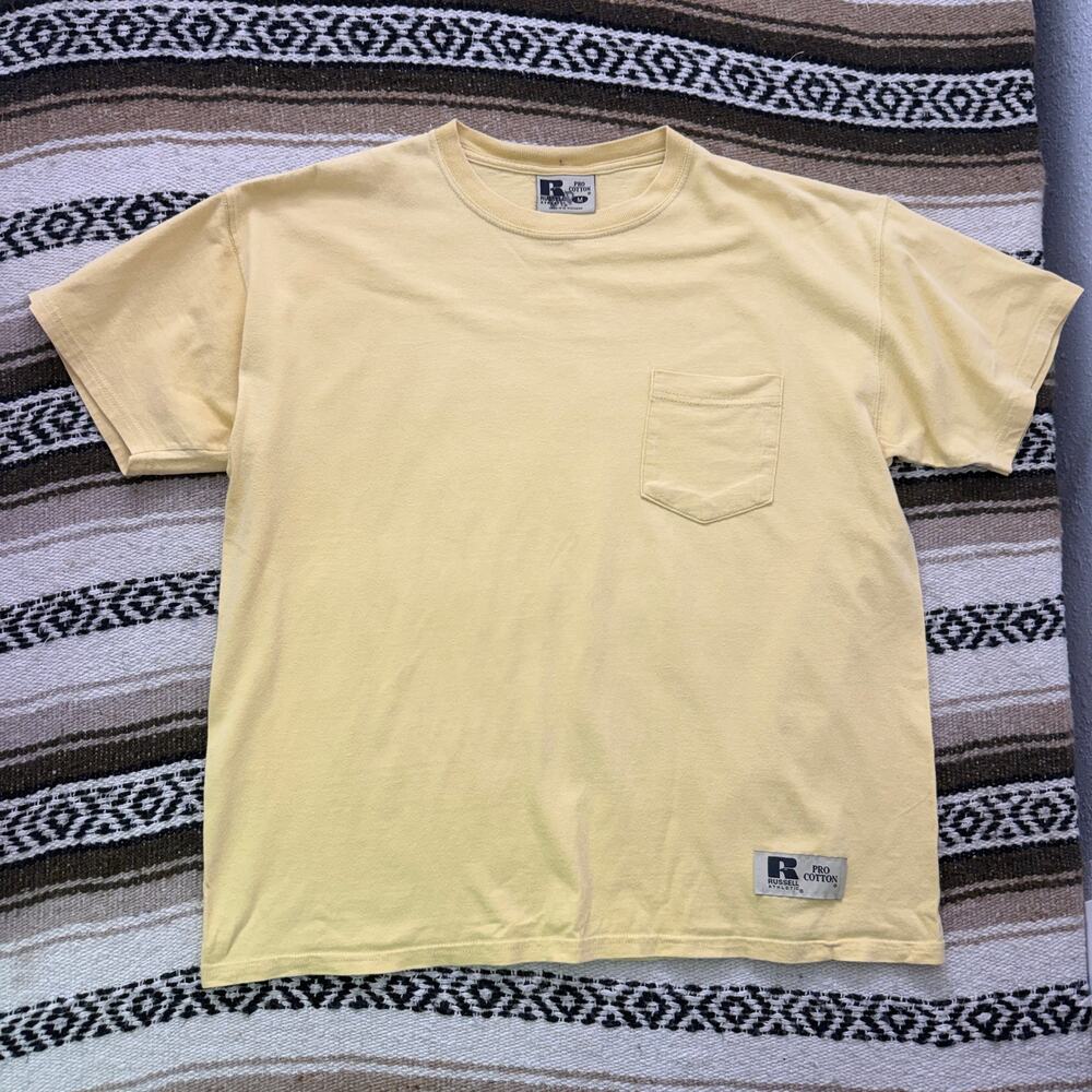 Men's Vintage Russell Athletic Pro Cotton Light Yellow Pocket Tee Shirt Sz M VTG